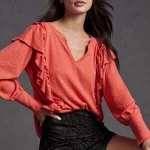 Anthropologie Pilcro Popover Top Ruffle Sweater V-Neck Size Medium